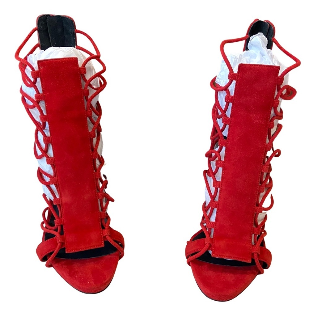 NWOB Giuseppe Zanotti Red Suede Zoey Cage Sandal Stiletto Heels Size 8 - Picture 4 of 11